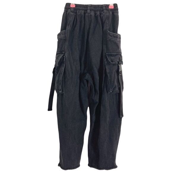 NWOT DARKER Pants Jeans XXS Cargo Black Wide Barrel Balloon Drop-Crotch Raw-Hem - Picture 1 of 12